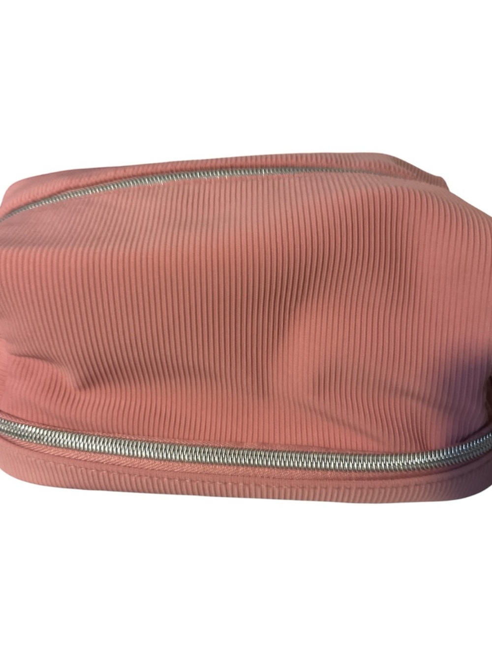 NWOT Lancome Pink Ribbed Double-Zip Cosmetic Pouch silver charm acc brush pocket